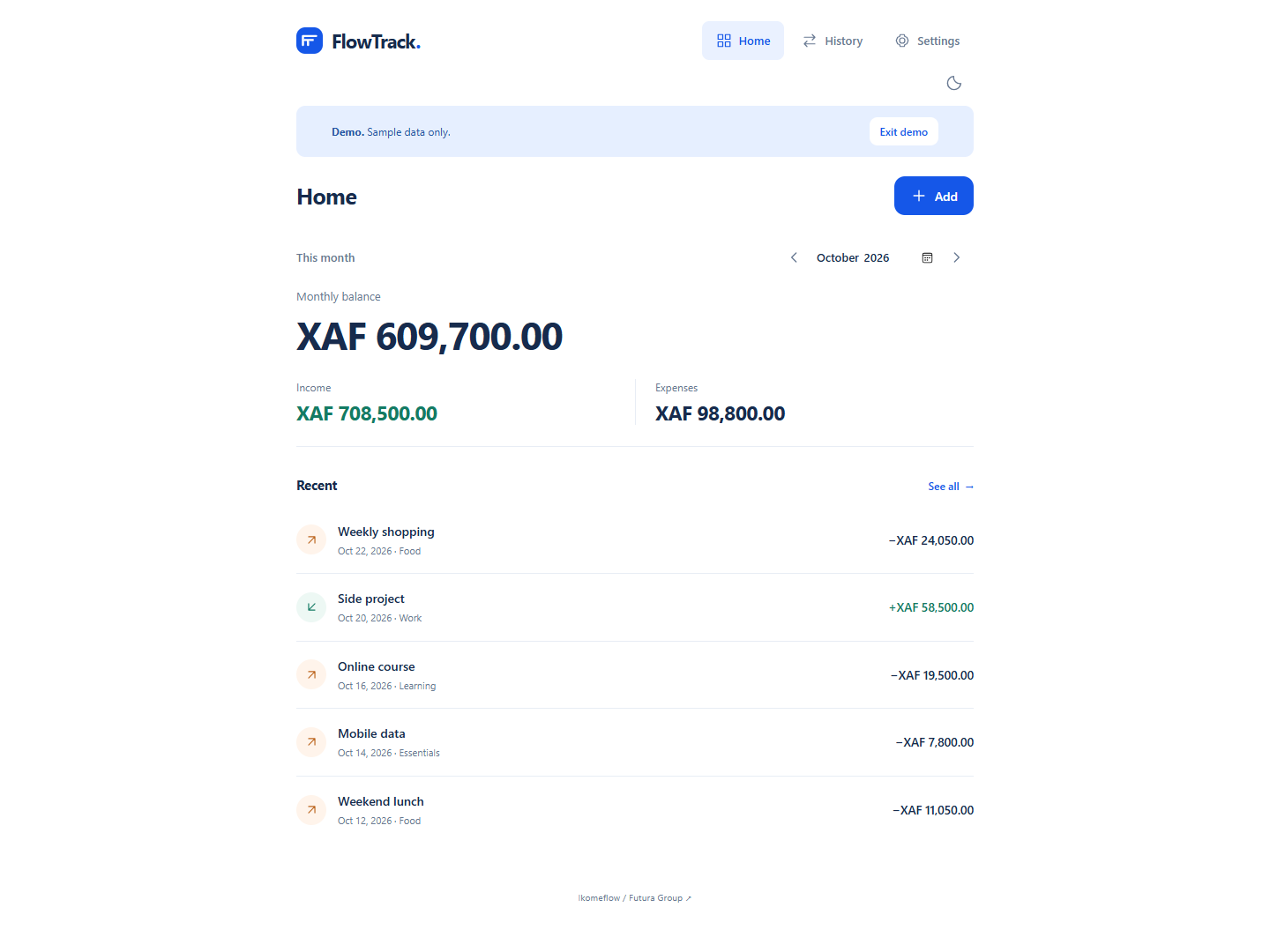 FlowTrack Home with monthly balance, income, expenses and recent transactions using sample data